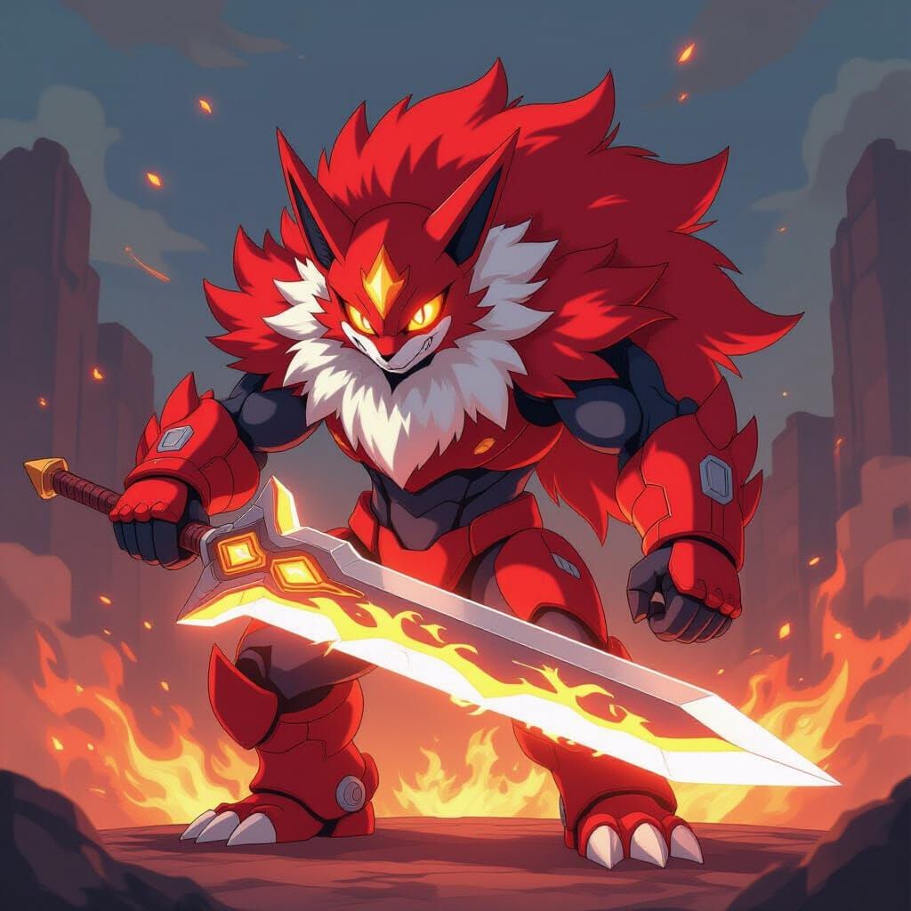 Massive Red Mega Digimon with Flaming Sword