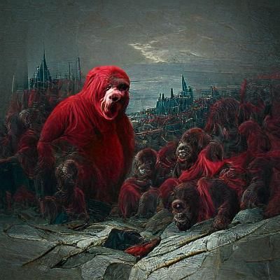 Red Apes Invade City: Horror Engraving Style