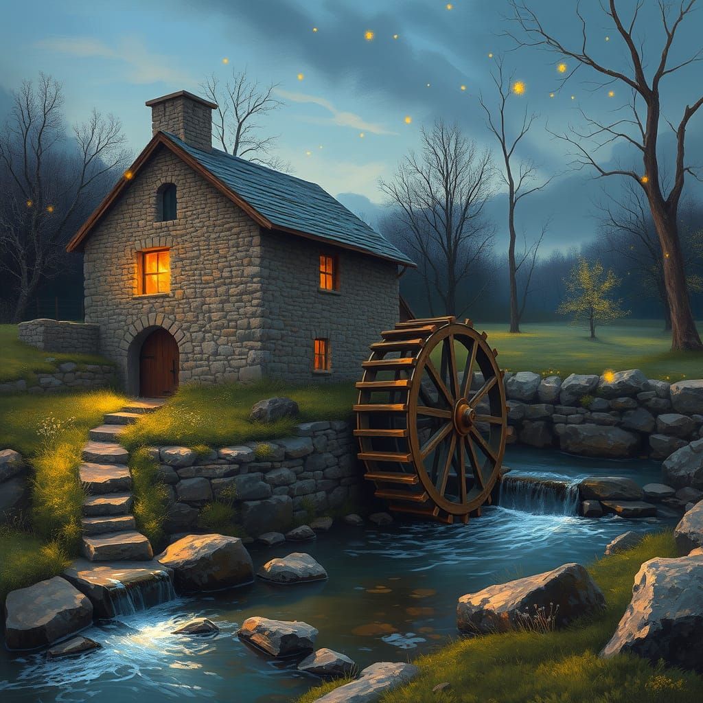 Whimsical Waterwheel Landscape in Vibrant Colors