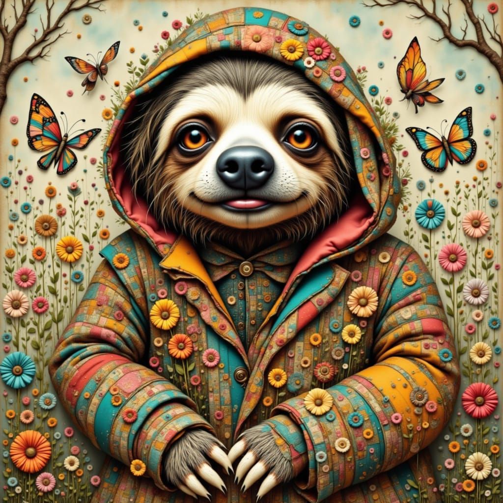 Whimsical Sloth in Patchwork Jacket Mixed Media Art