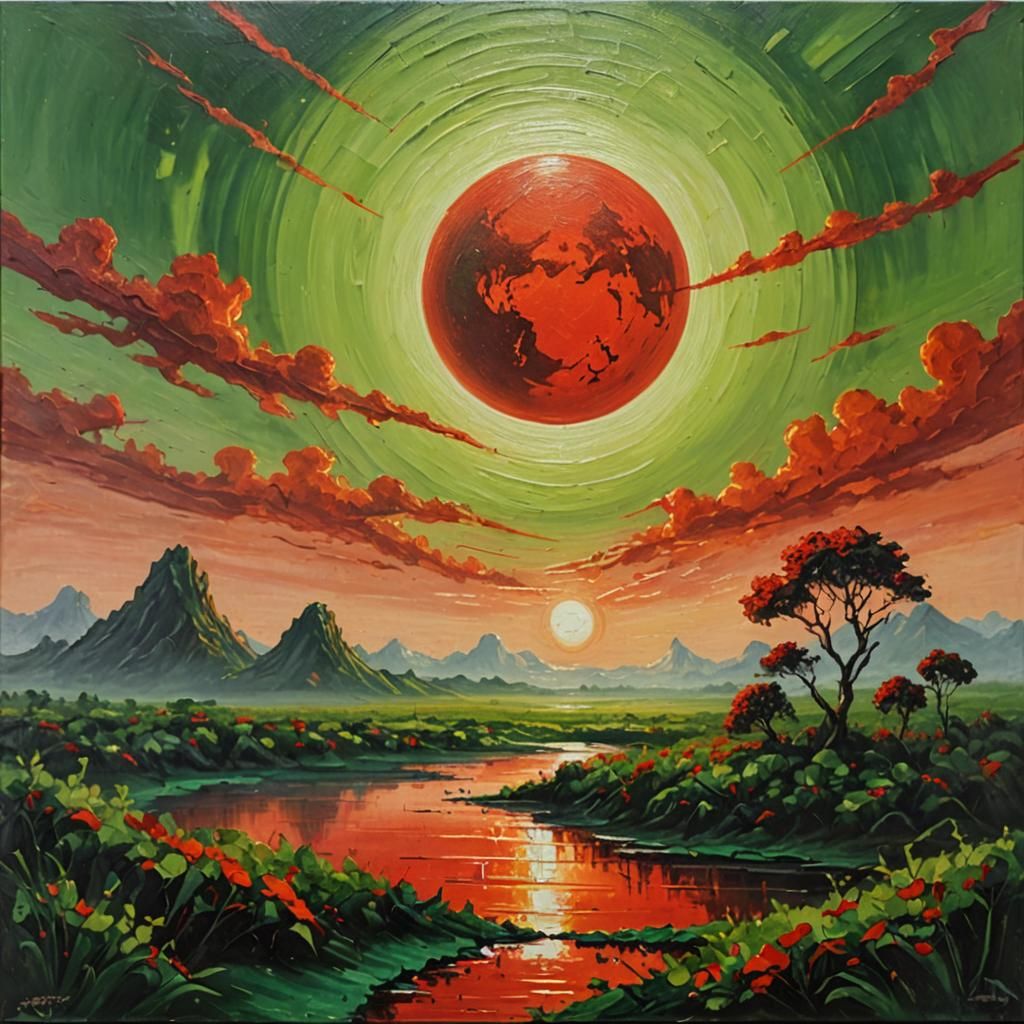 Red Sun Over Green Planet: Oil Painting
