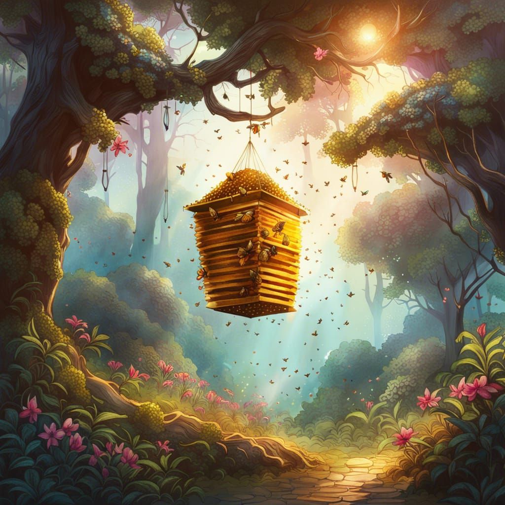 Honeycomb Nest Watercolor Illustration with Hummingbird Swar...