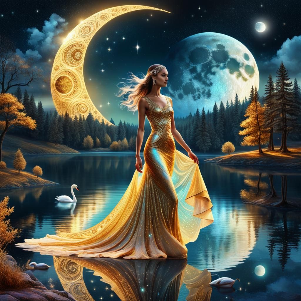Woman in Gown by Lake Under Starry Sky
