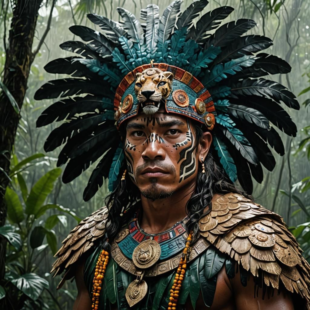Mayan Warrior Portrait in Jungle with Ornate Headdress