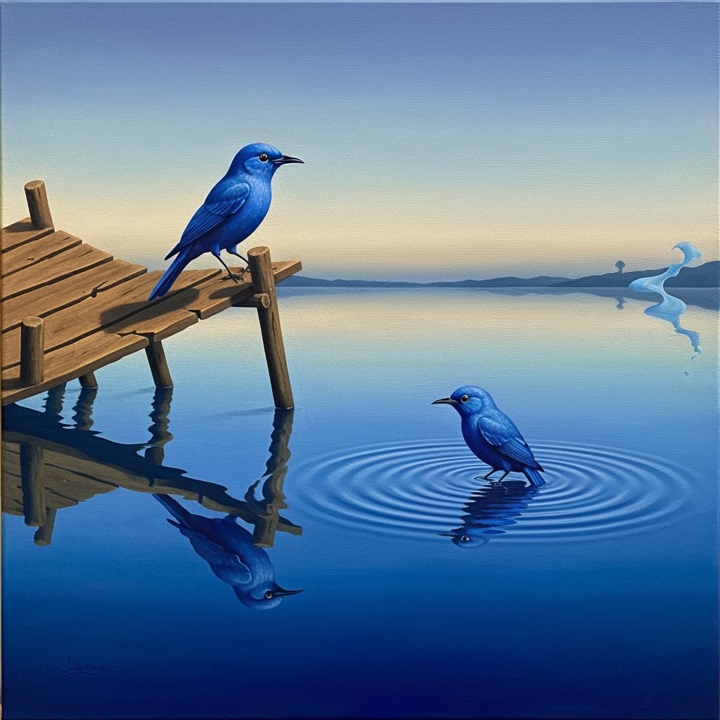 Surreal Blue Lake Oil Painting with Warped Dock and Blue Bir...