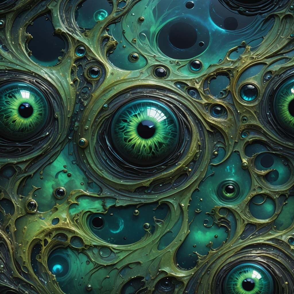 Ethereal Eyeballs Floating in Tar: Dark Fantasy Art