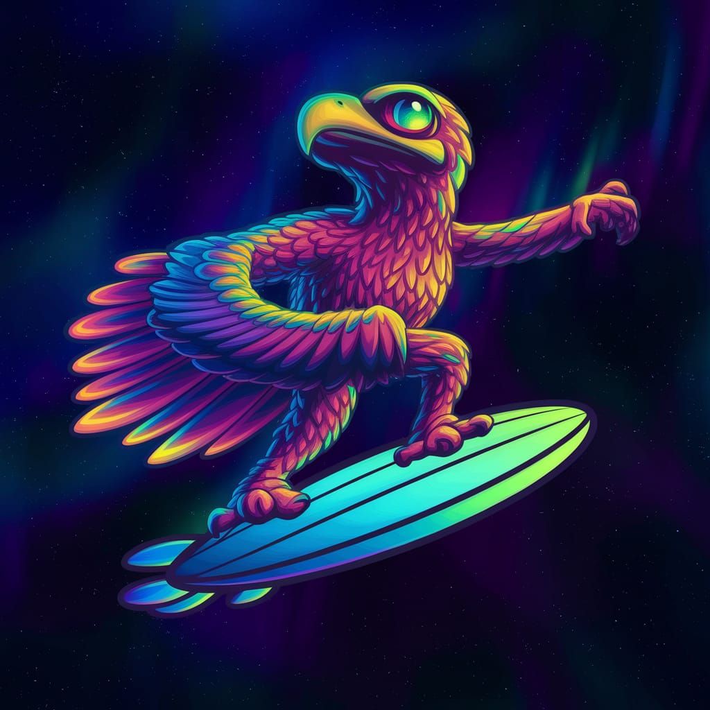 Psychedelic Prehistoric Bird Flies Through Aurora