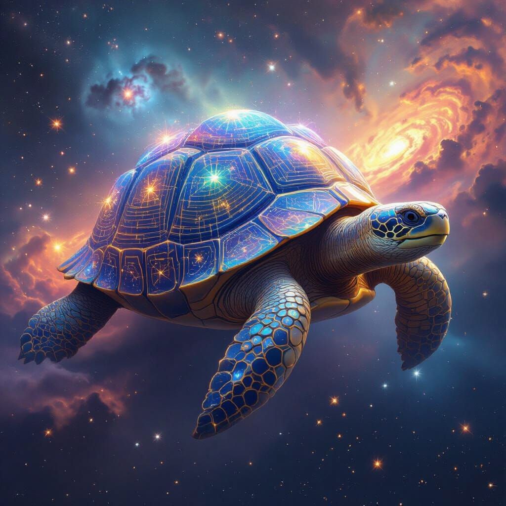 Celestial Tortoise Drifting Through a Vibrant Galaxy