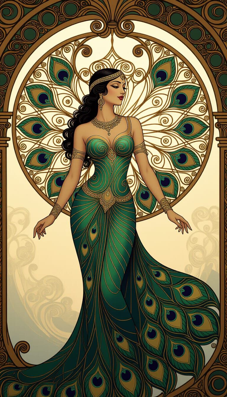 Peacock Muse in Art Nouveau Style