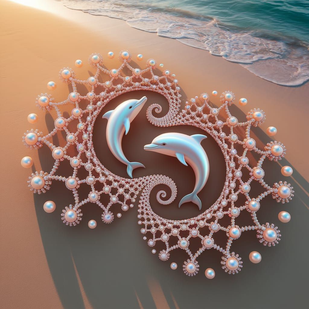 Pearls Form Fractal Dolphins on Golden Beach