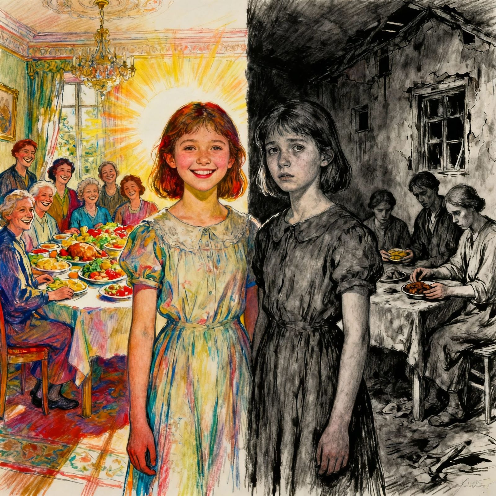 Contrasting Lifestyles: Charcoal Sketch of Opulence vs. Pove...