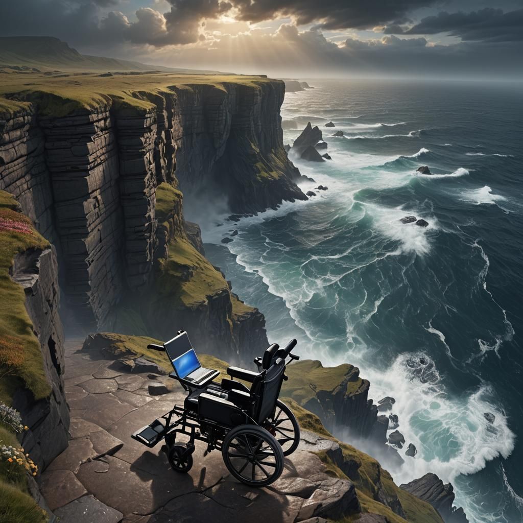 Wheelchair at Cliff Edge Overlooking Stormy Sea