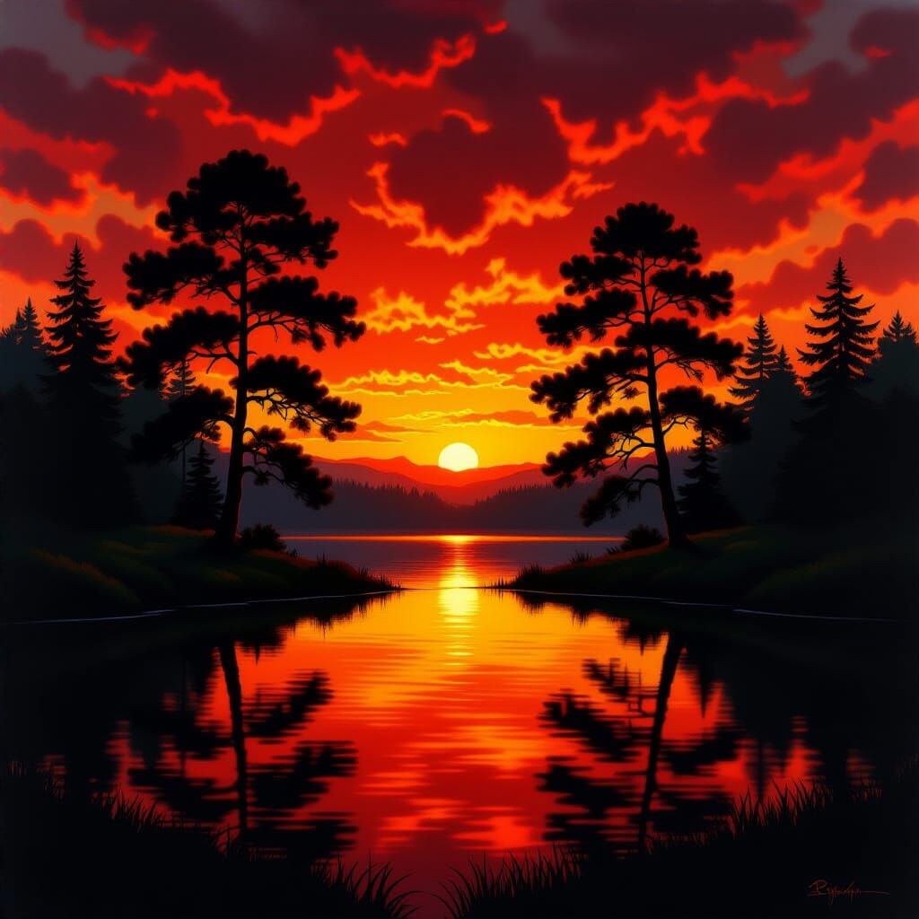 Serene Sunset Trees Reflected in Fiery Water