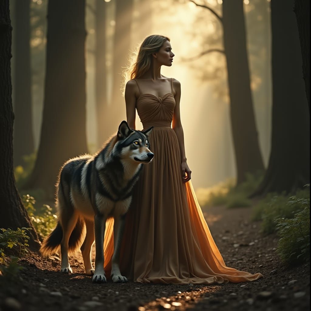 Woman and Wolf in Ancient Forest: Cinematic Style