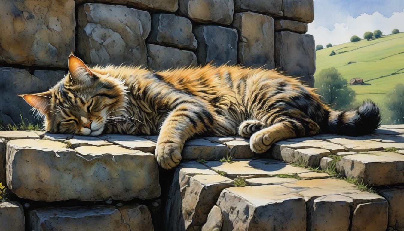 Vibrant Oil Painting of a Sleeping Cat in Sunlit Landscape