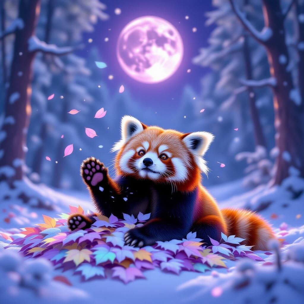 Red Panda Plays in Moonlit Forest with Rainbow Leaves