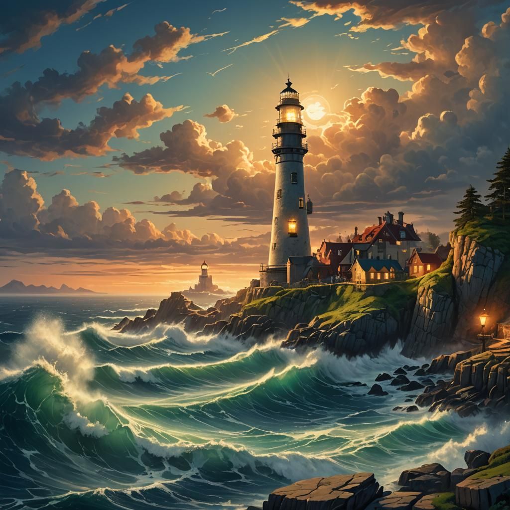 Majestic Oceanscape Lighthouse with Dreamlike Lighting