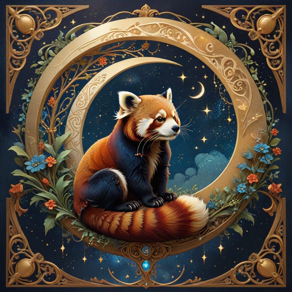 Art Nouveau Red Panda on Moon in Ornate Archway