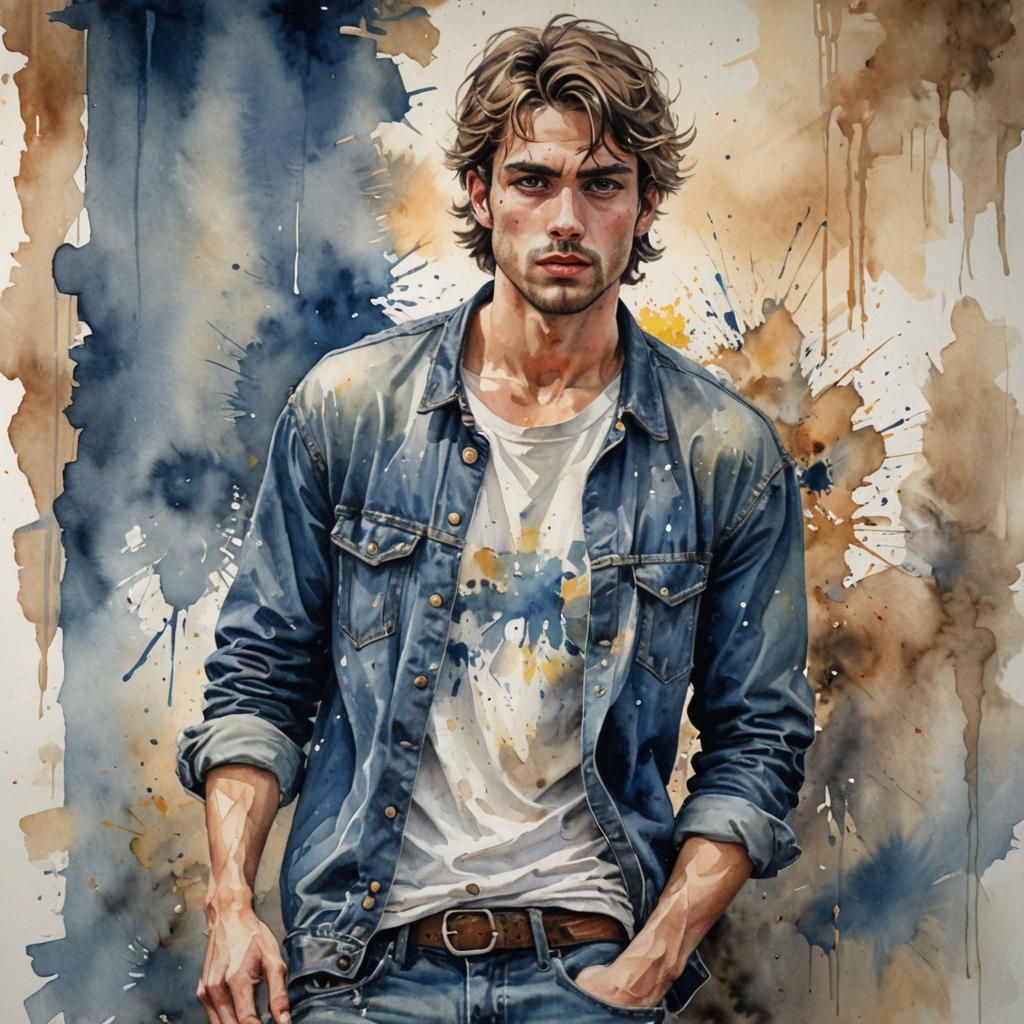 Young Man in 80s Fashion Watercolor Splash Art