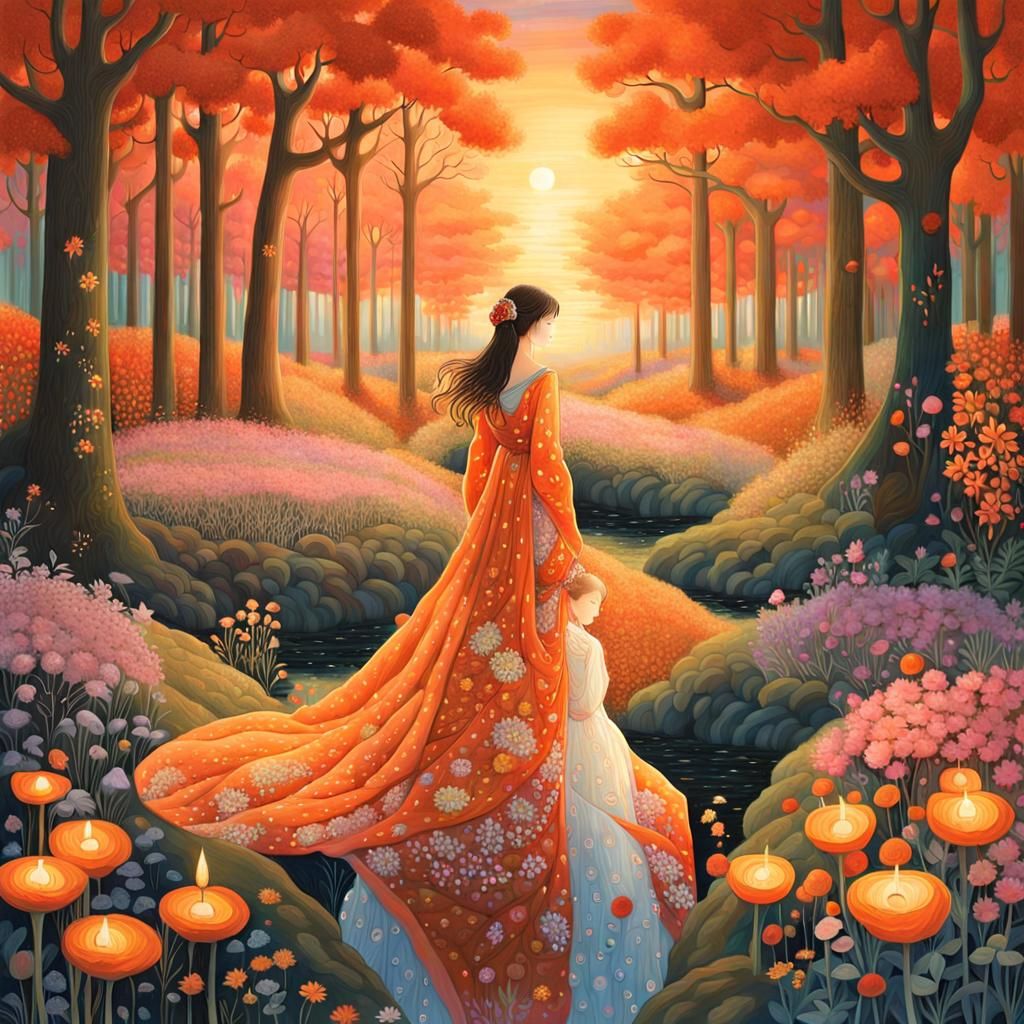 Sunset Woman in Enchanted Forest: a Surreal Artwork
