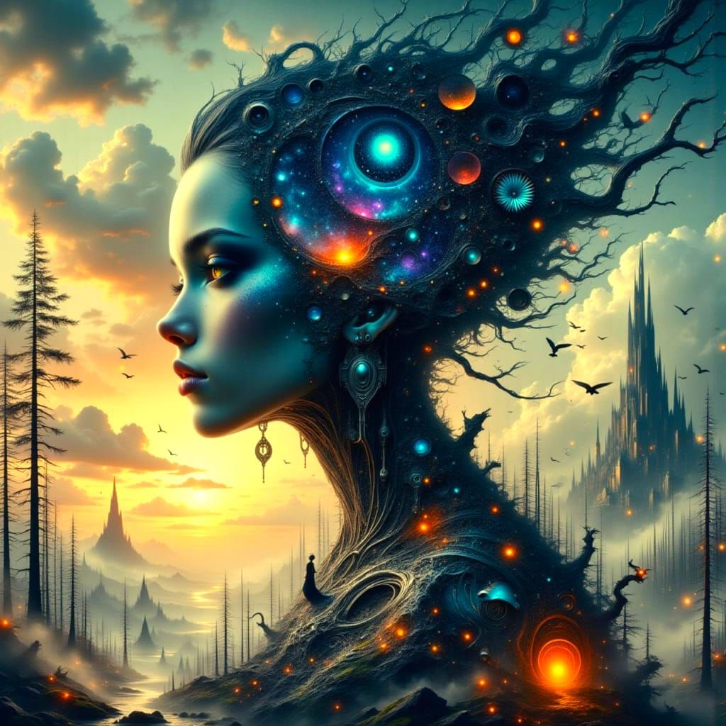 Dark Fantasy Princess in Biomechanical Fusion with Galaxy Ci...