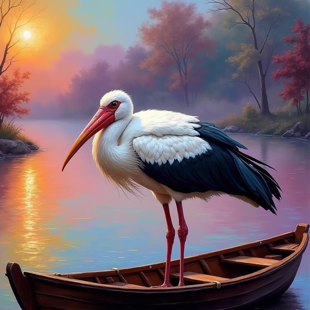 Majestic Stork on a Golden Boat in Whimsical Mist
