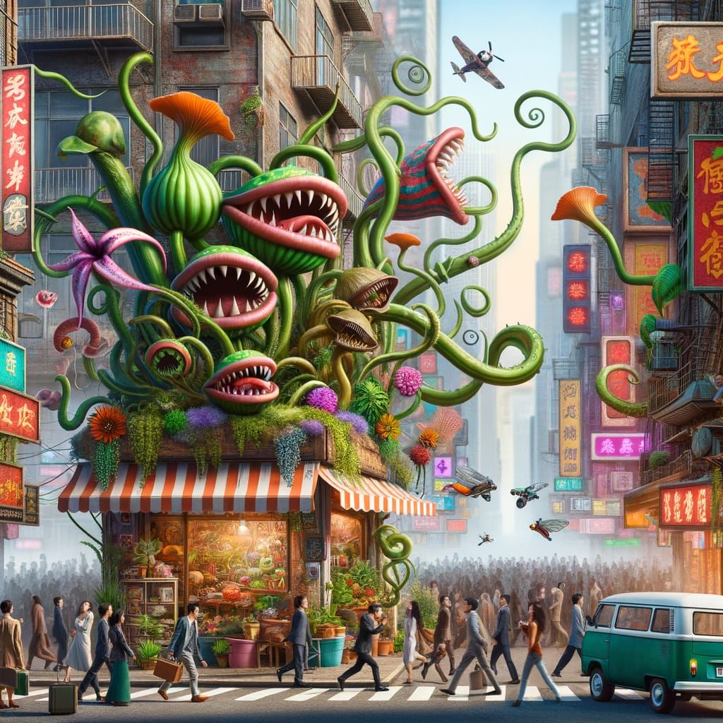 Whimsical Plant Shop Collides with Chaotic Neon City