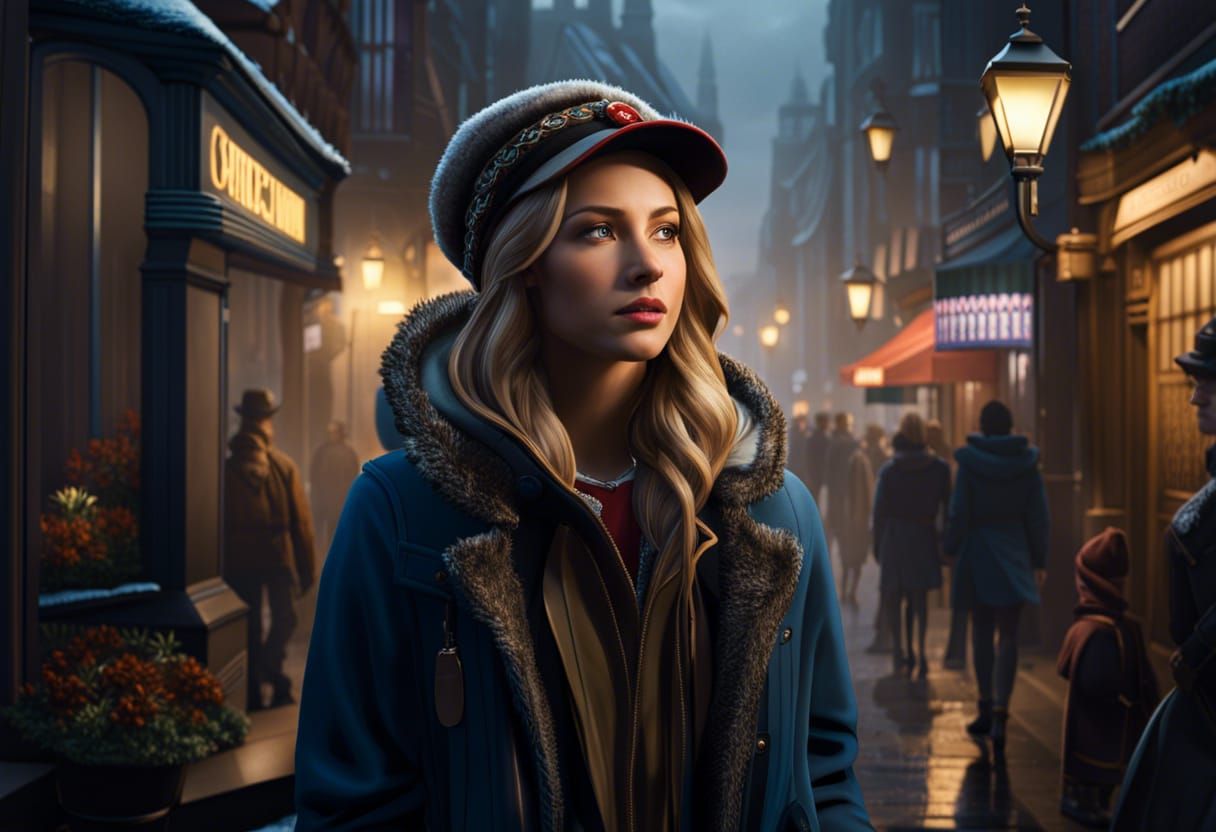 Attractive young woman walking the streets of London on a rainy evening