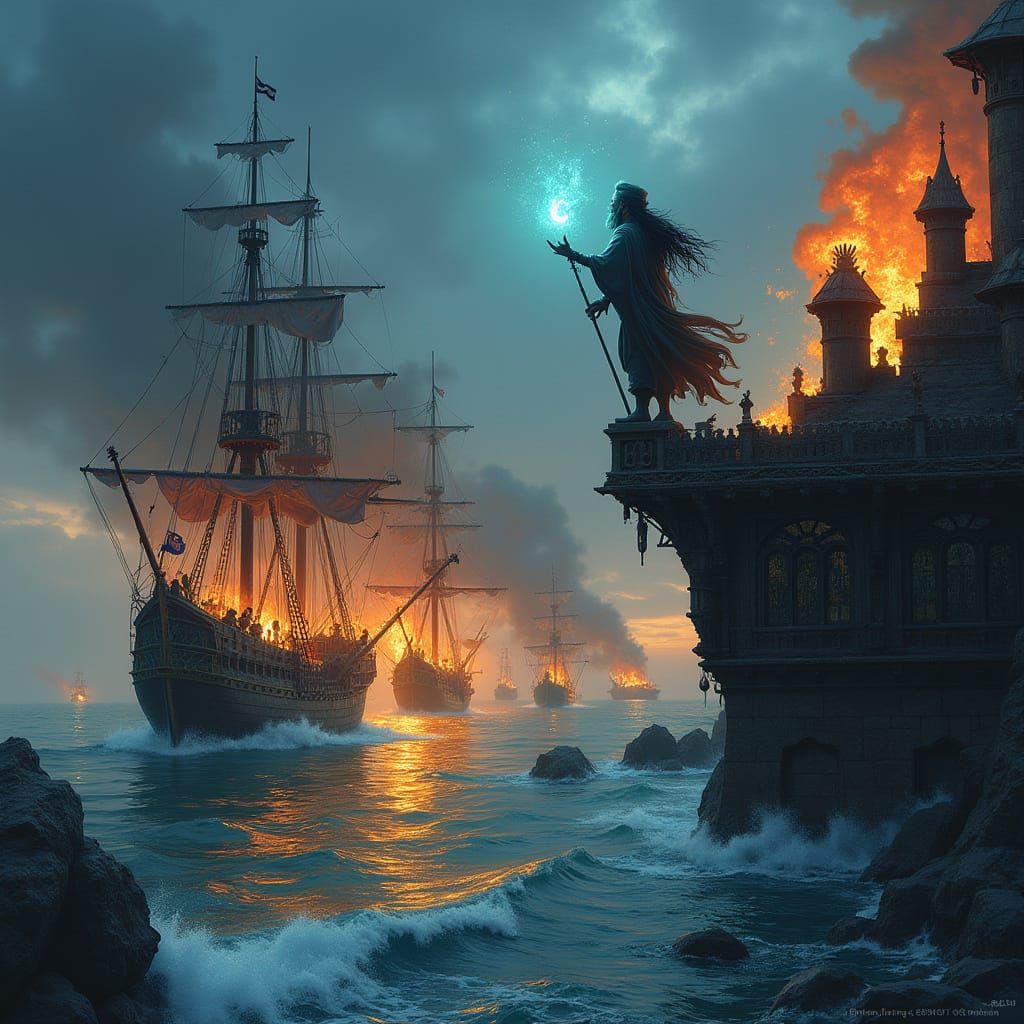 Pirate Ships at Dusk, with a Wizard's Intervention
