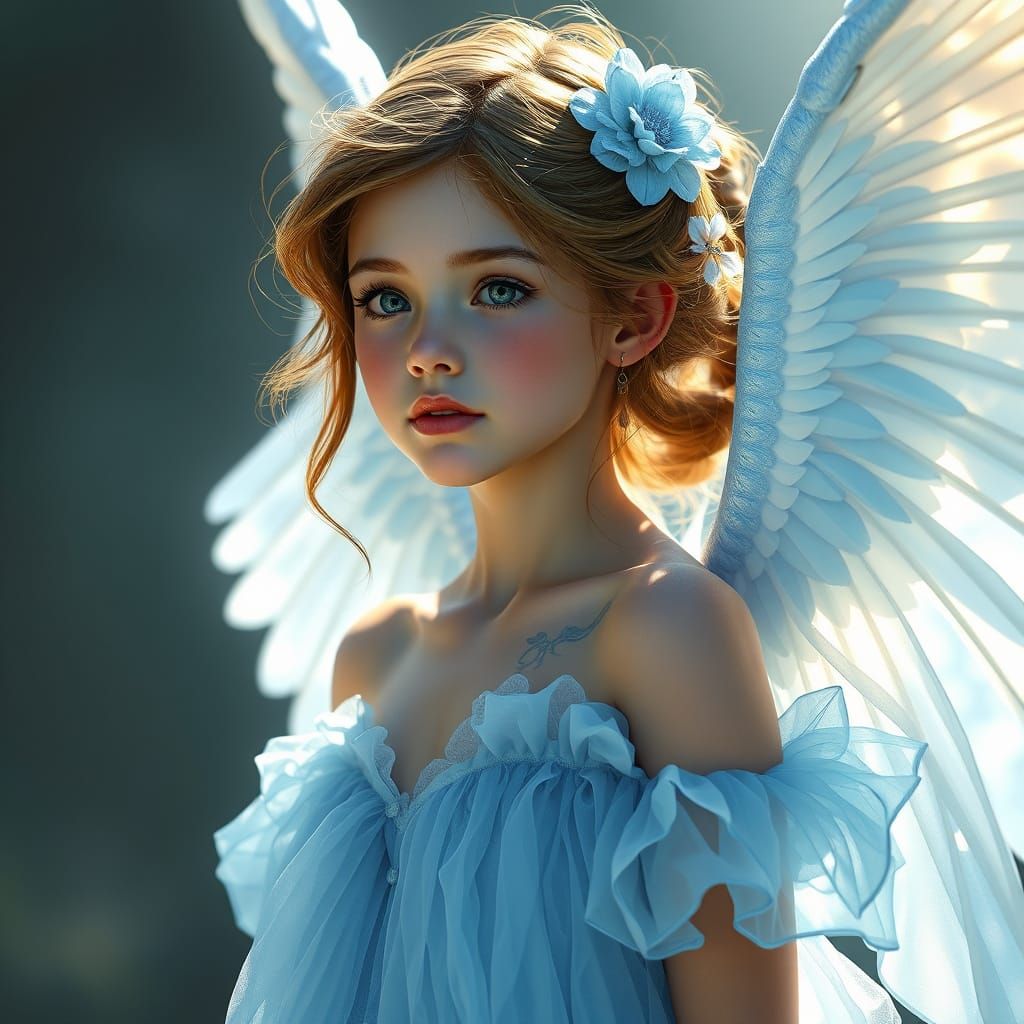 Crystal Heart Angel in Flowy Blue Dress