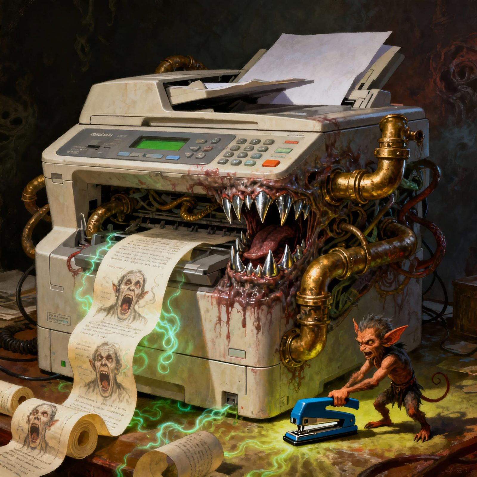 Grotesque Printer Spewing Ectoplasm in Dark Fantasy Style