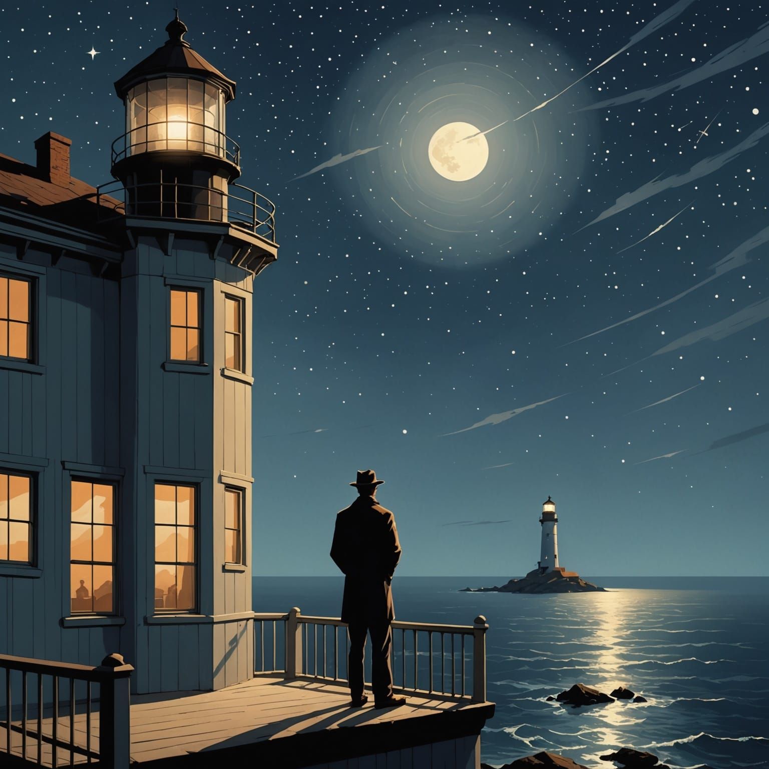 Lighthouse Keeper Contemplates Starry Sky in Realist Style