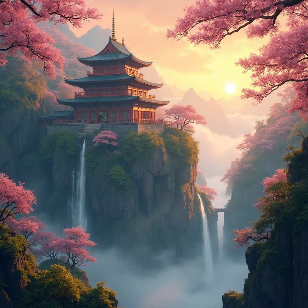 Misty Mountain Temple at Dawn, Digital Art
