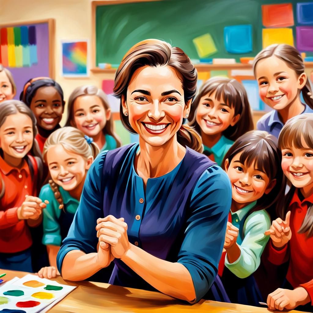 Impressionist Teacher and Students in Colorful Classroom