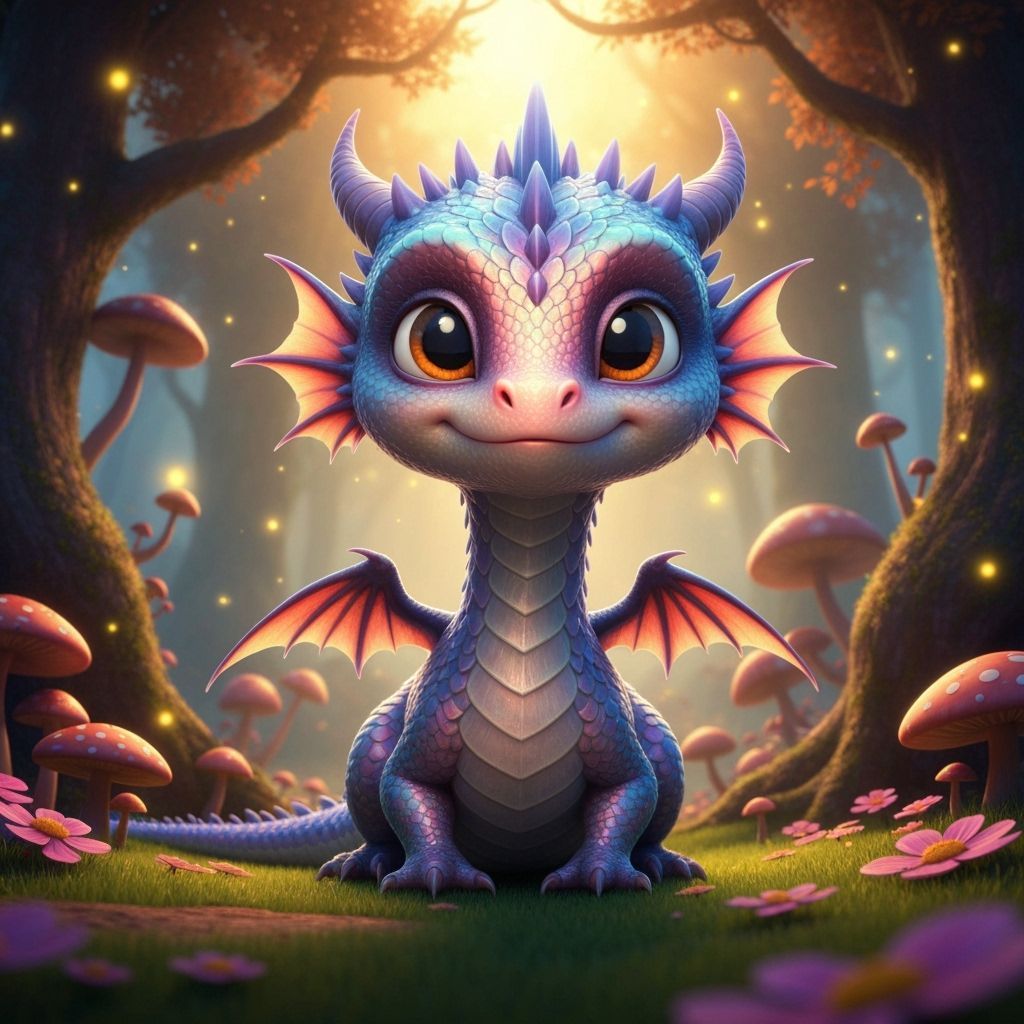 Cute Magical Dragon with Iridescent Scales in Whimsical Fore...