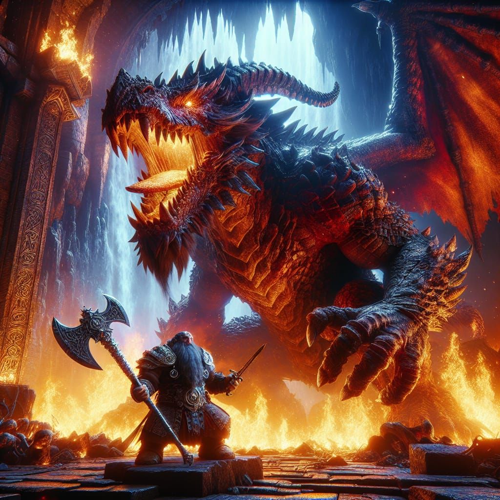 Dragon's Roar: Dwarf Warrior in Epic Battle