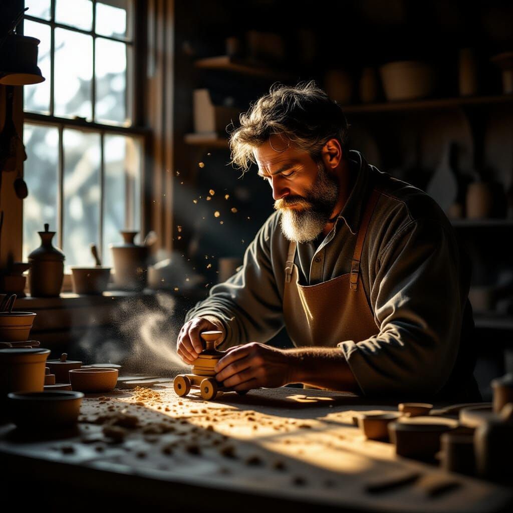 Craftsman Sanding Toy in Dramatic Light