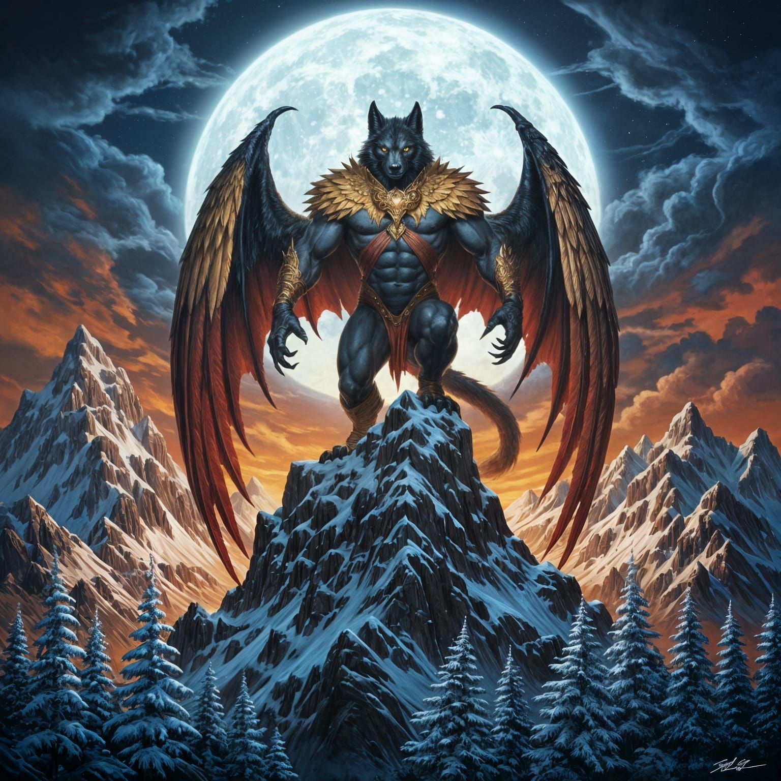Batwolf with Griffin Feathers on Mountain Peak