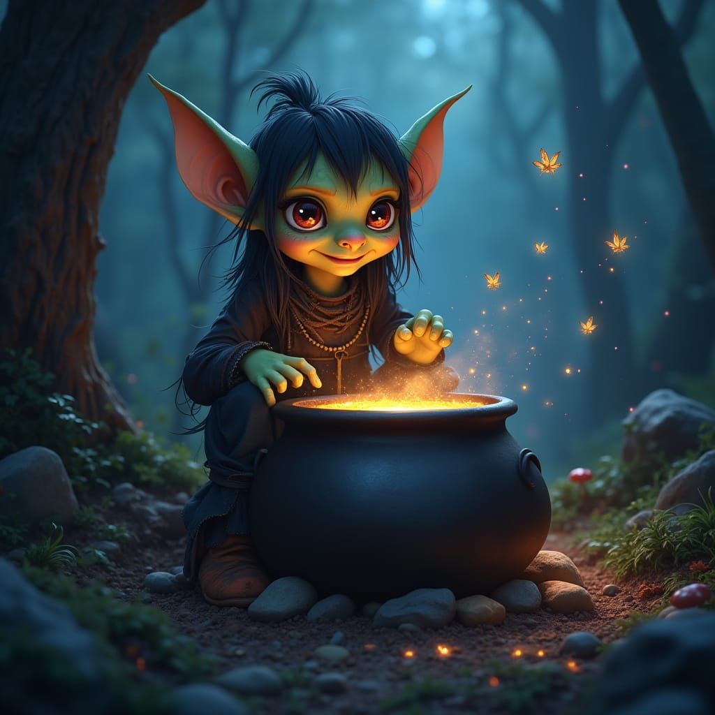 Goblin and Cauldron in Enchanted Forest, Cartoon Gothic