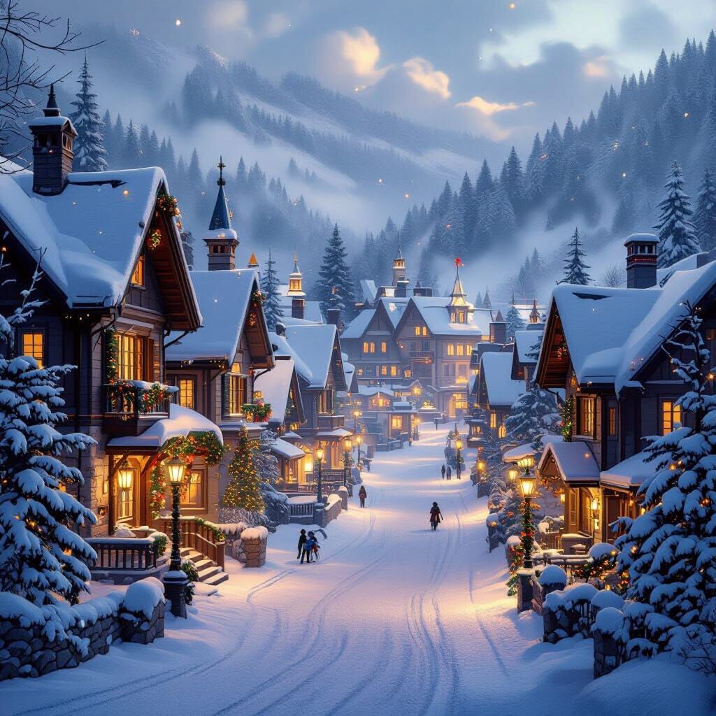 Ethereal Fantasy Ski Town With Christmas Lights and Mist
