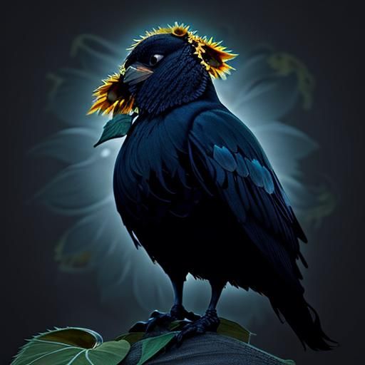 Midnight Crow Under Blue Moon, Sunflower Backdrop