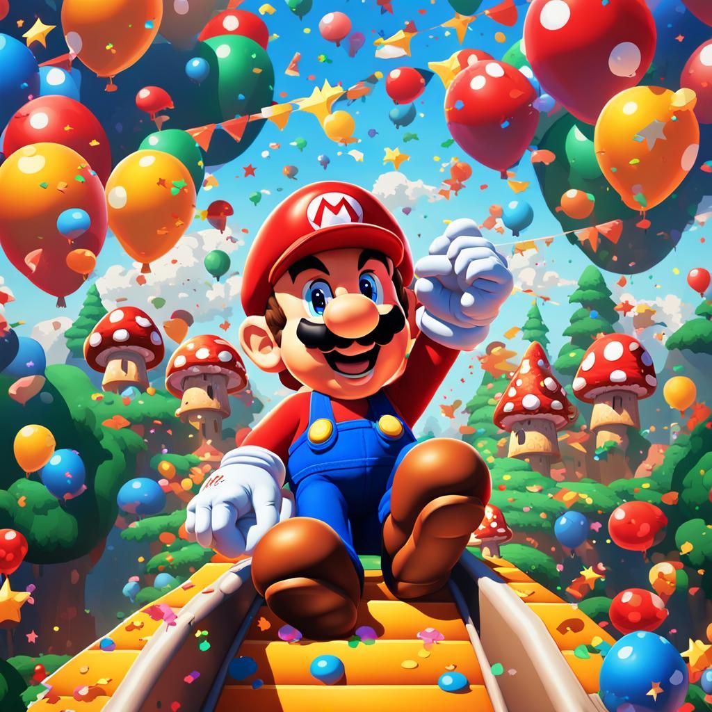 Super Mario having a party going down a slide in pixel art s...