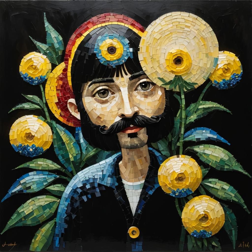 Mosaic Portrait with Floral Halo