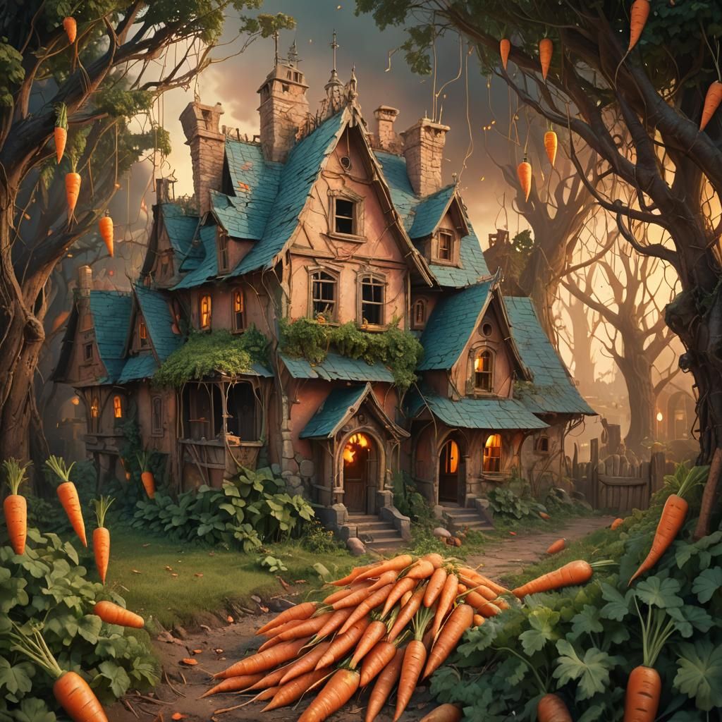 Terrified House Overflowing with Carrots in Dreamlike Fantas...