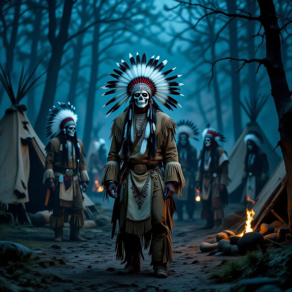 Eerie Skeletal Tribe in Haunted Woods: Horror Art