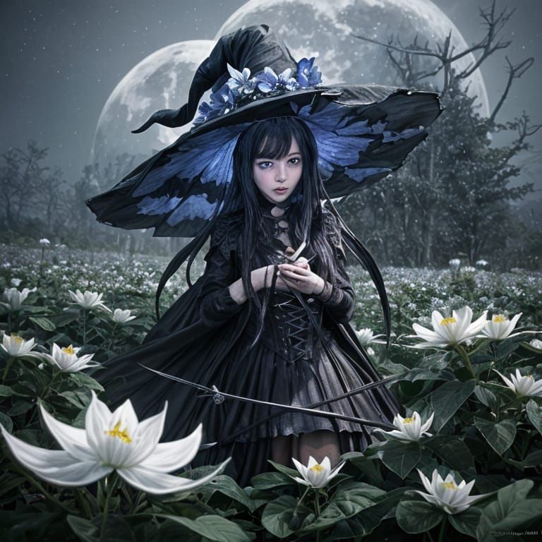 Gothic Witch Garden with Moonflowers: 3D Anime Art