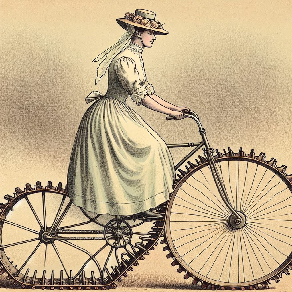 Retro Victorian Lady Rides a Vintage Caterpillar Track Bicyc...