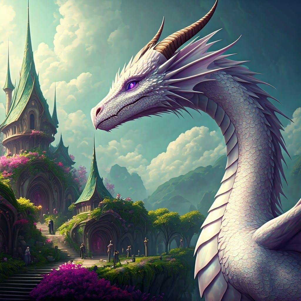 Majestic White Dragon Guardians Village in Serene Fantasy La...