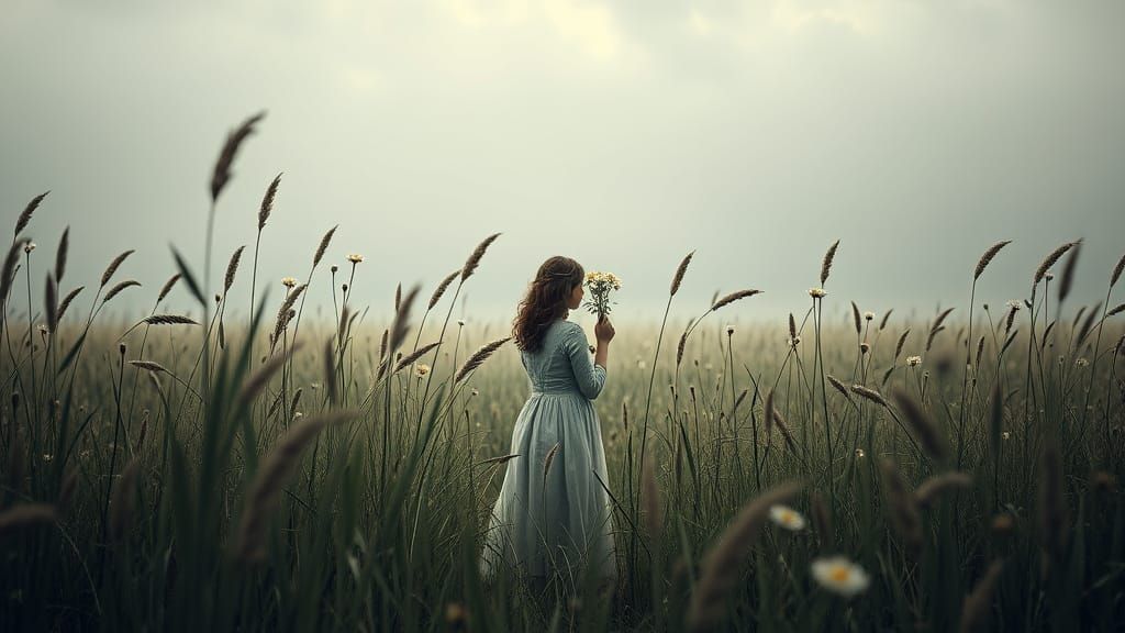 Figure with Wildflowers in Moody Papercraft Style