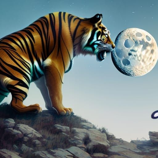 Tiger Licking Moon: Detailed Cinematic Digital Art